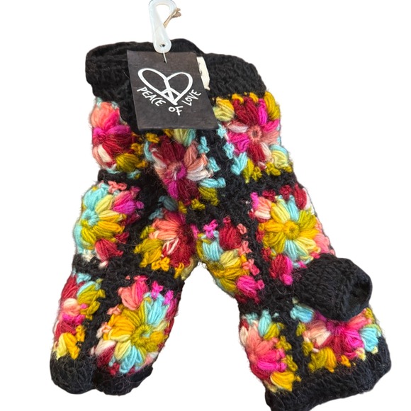Peace of Love Crochet Fingerless Gloves Black Multi Flower Hand Warmers - Picture 1 of 6